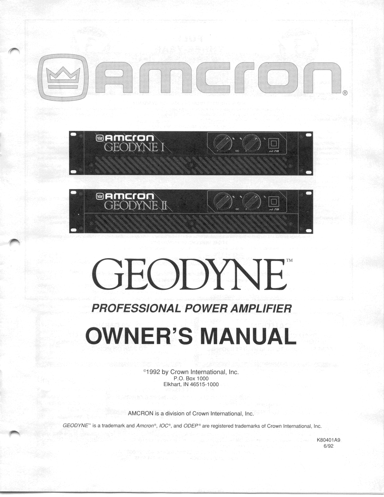 Crown Geodyne 1, Geodyne 2 Owners manual