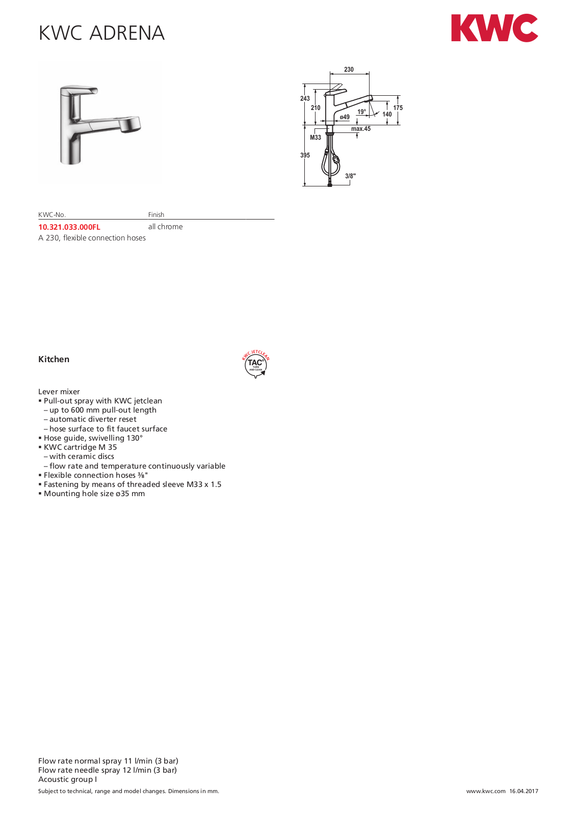 KWC 10321033000 Specifications Sheet