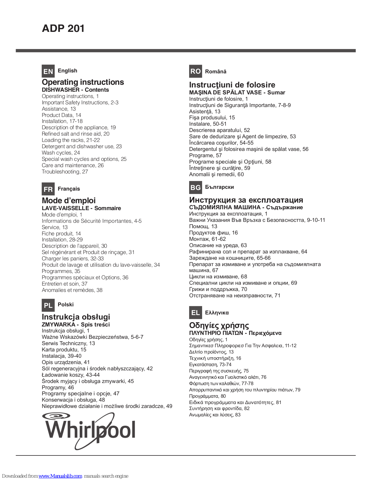 Whirlpool ADP 201 Operating Instructions Manual