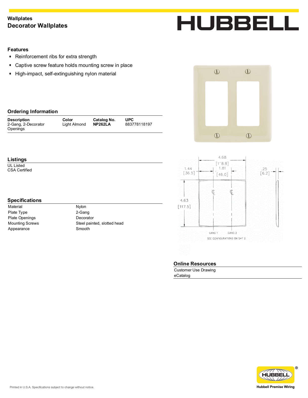 Hubbell NP262LA Specifications