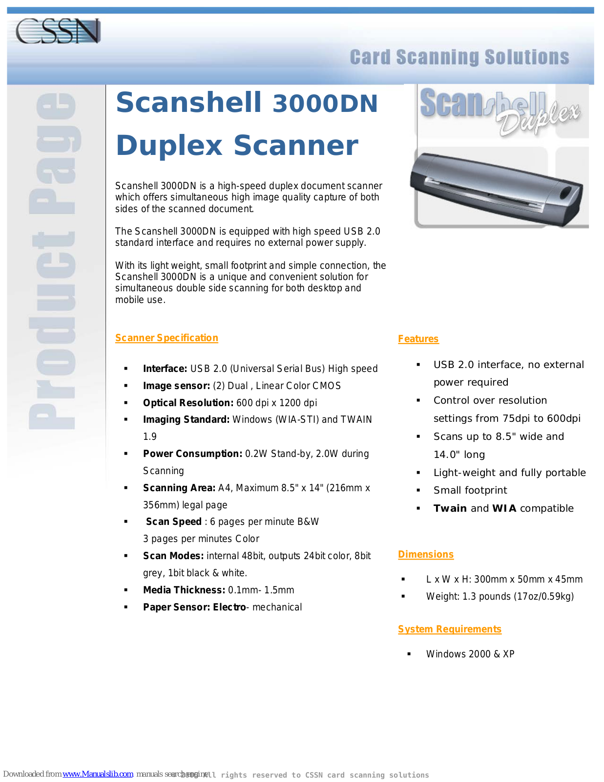CSSN ScanShell 3000DN Specifications - ManualMachine.com