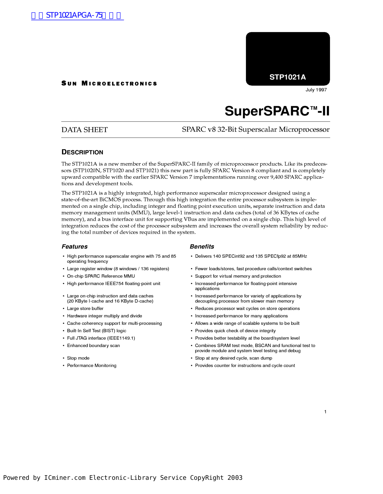 Sun MICROELECTRONICS STP1021A Technical data