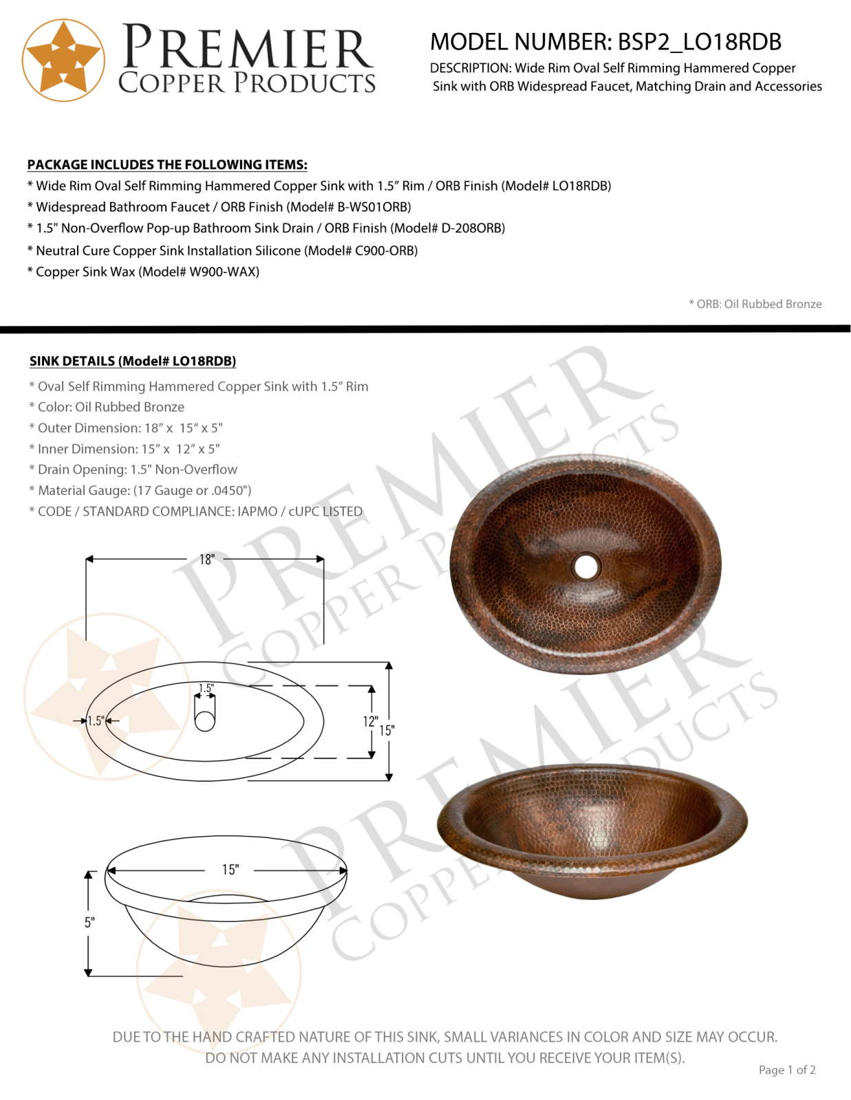 Premier Copper Products IER1464 Specifications - ManualMachine.com