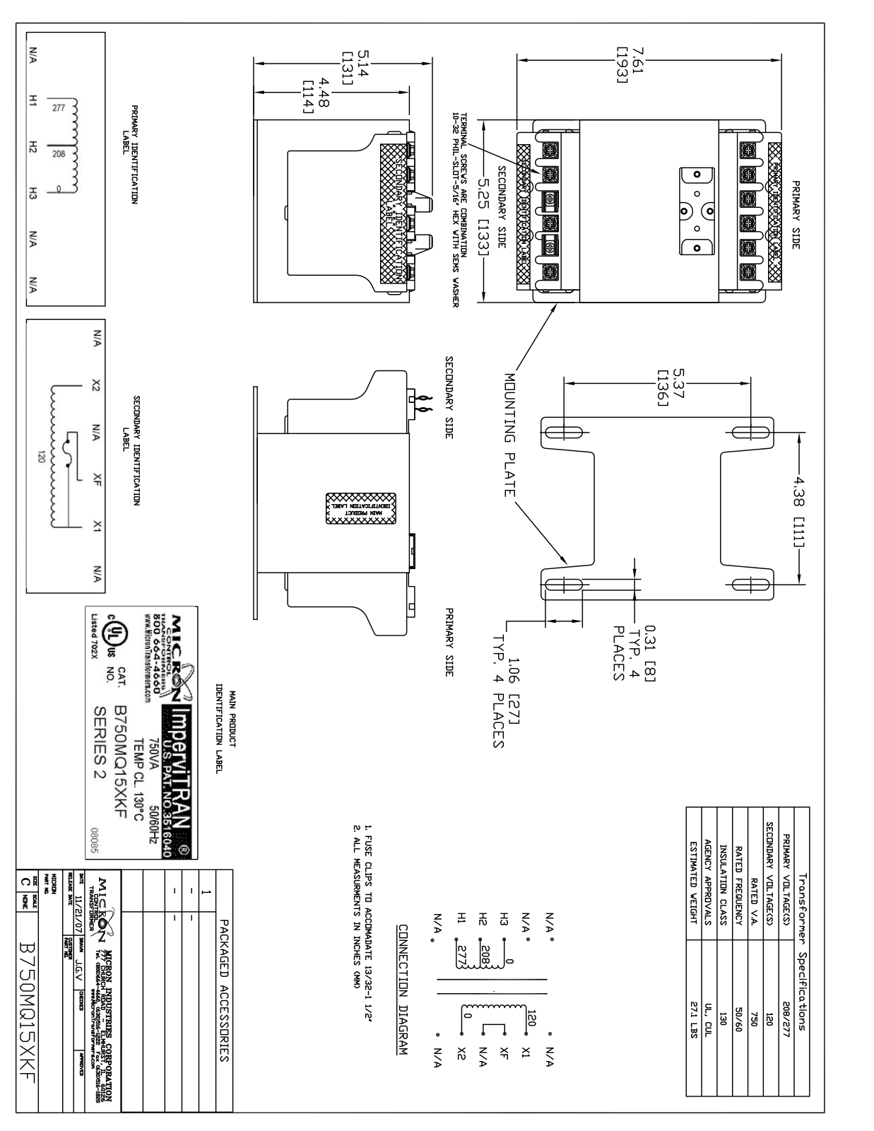 Micron Industries B750MQ15XKF Specification Sheet