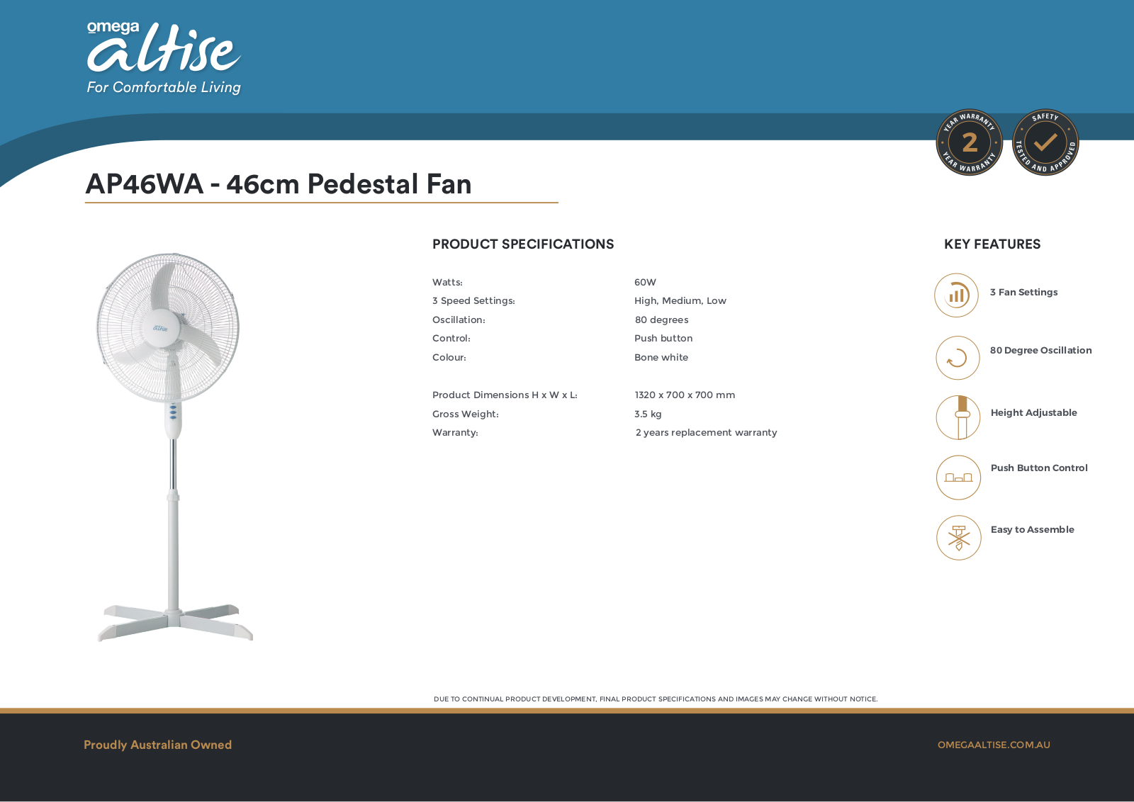 Omega Altise AP46WA Specifications Sheet