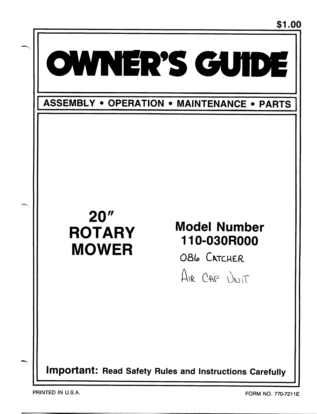 Mtd 110-030r000 owners Manual