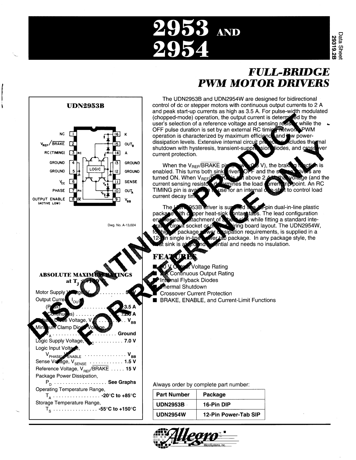 Allegro UDN2954W, UDN2953B Datasheet