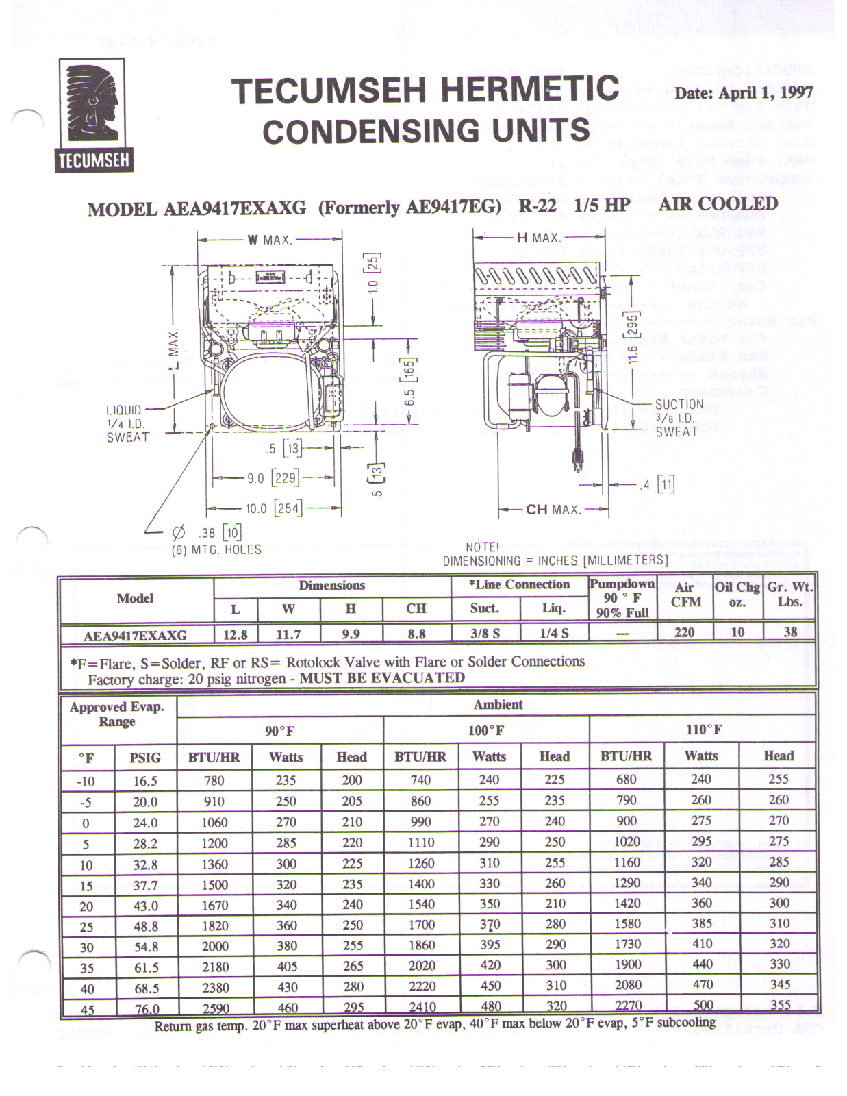 Tecumseh AEA9417EXAXG Performance Data Sheet