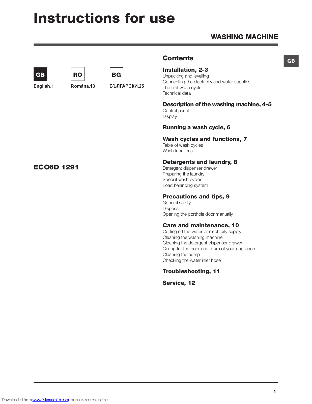 Hotpoint Ariston ECO6D 1291 Instructions For Use Manual