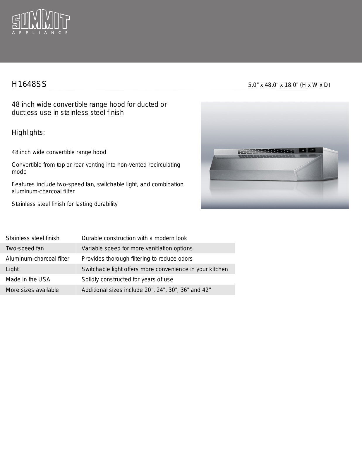 Summit H1648SS Instruction Manual