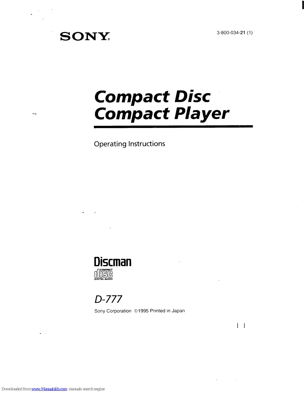 Sony Discman D-777 Operating Instructions Manual