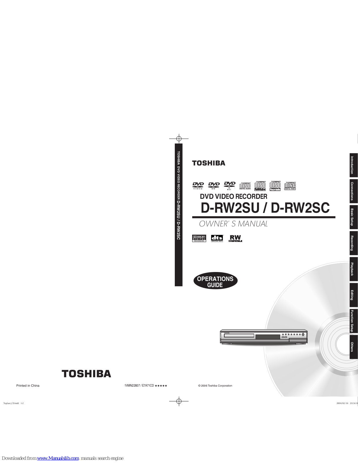 Toshiba D-RW2SU/D-RW2SC, D-RW2SU, D-RW2SC Owner's Manual