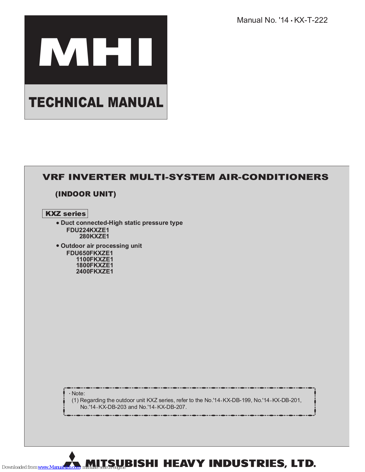 Mitsubishi Heavy Industries FDU224KXZE1, FDU650FKXZE1, FDU1800FKXZE1, FDU2400FKXZE1, FDU280KXZE1 Technical Manual