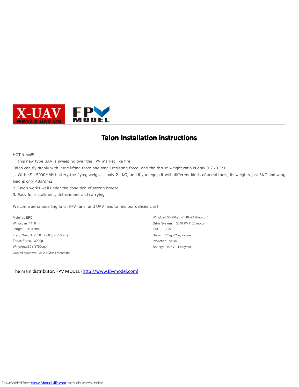 X-UAV FPV Installation Instructions - ManualMachine.com