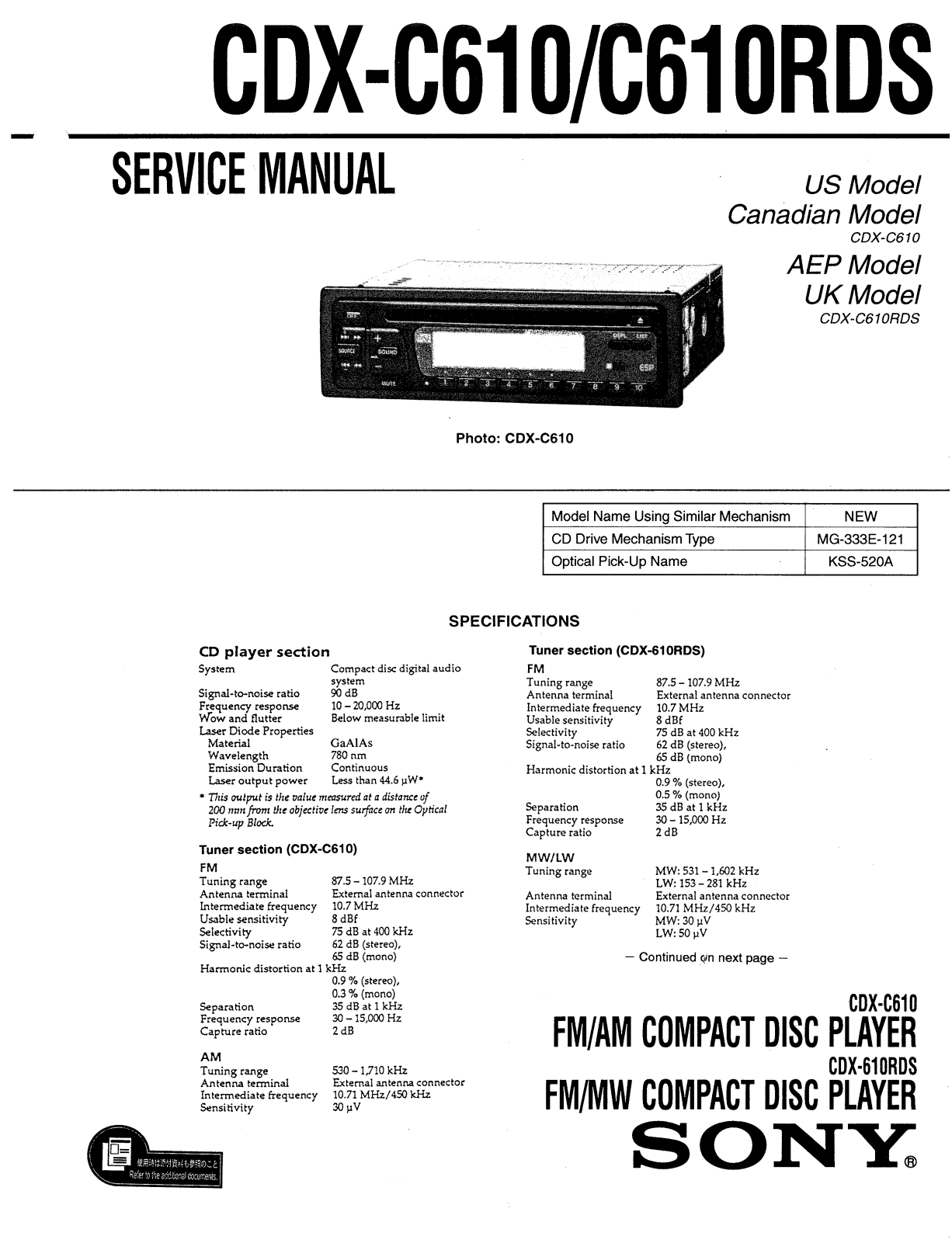 Sony CDXC-610 Service manual