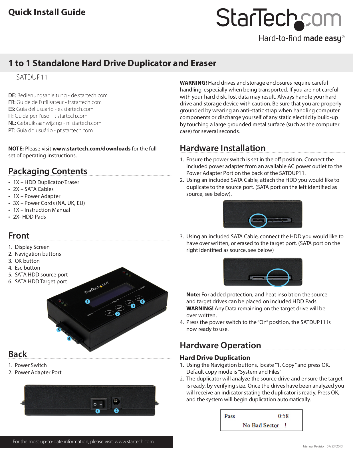 Startech SATDUP11 Quick Start Guide