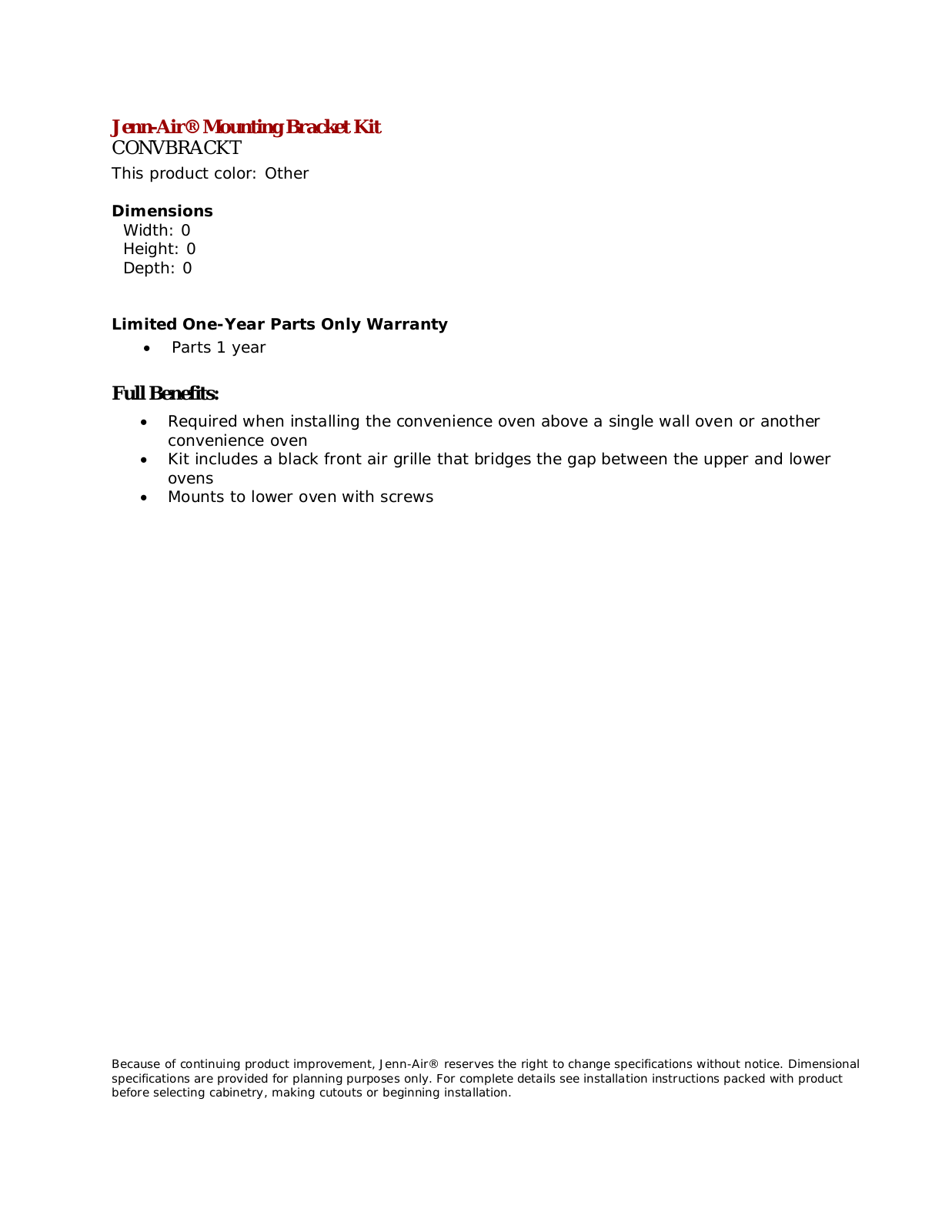 Jenn-Air CONVBRACKT Specification Sheet