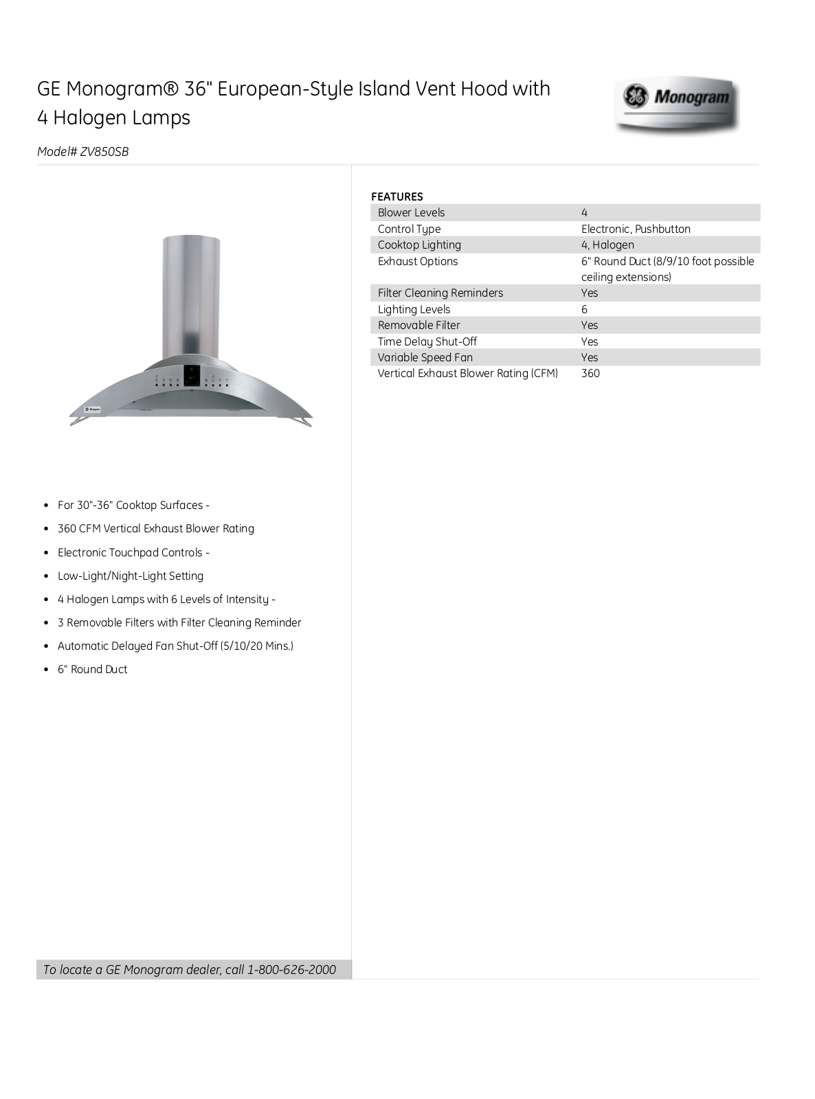 Monogram ZV850SPSS PRODUCT SPECIFICATIONS