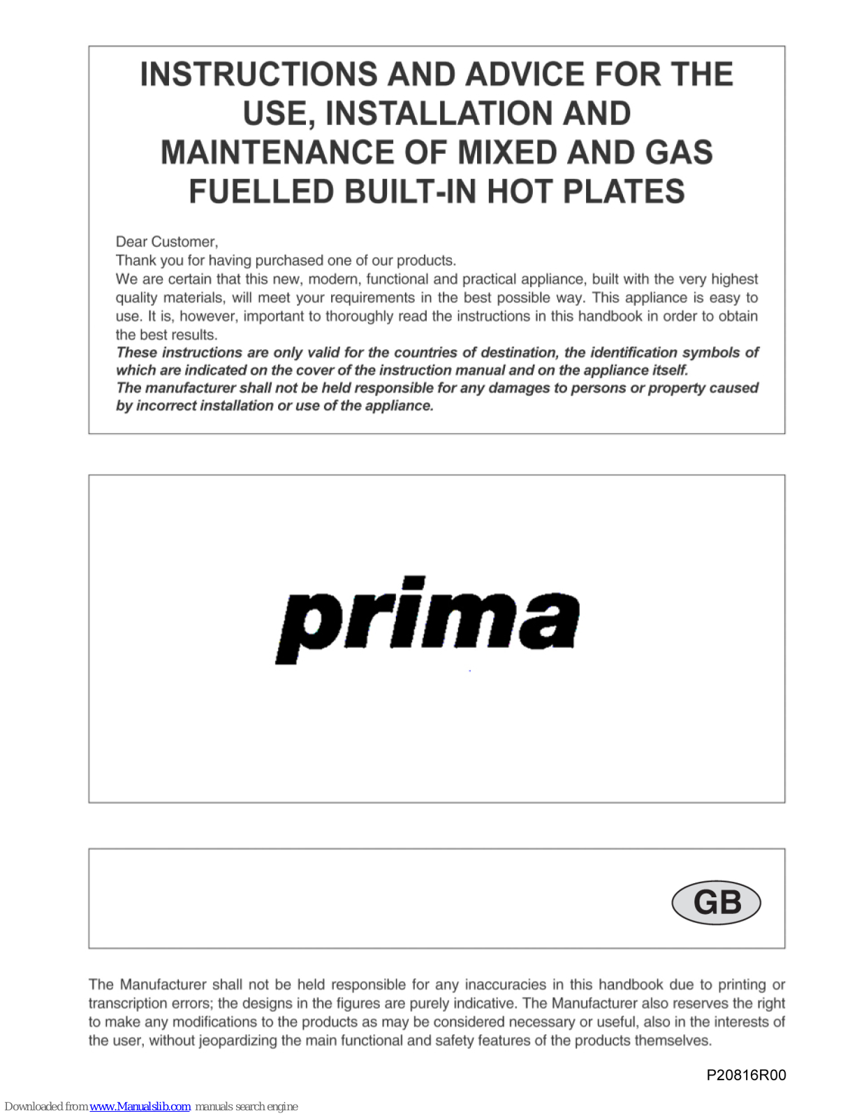 Prima PRGH 202, PRGH 204 Instructions And Advice For The Use, Installation And Maintenance