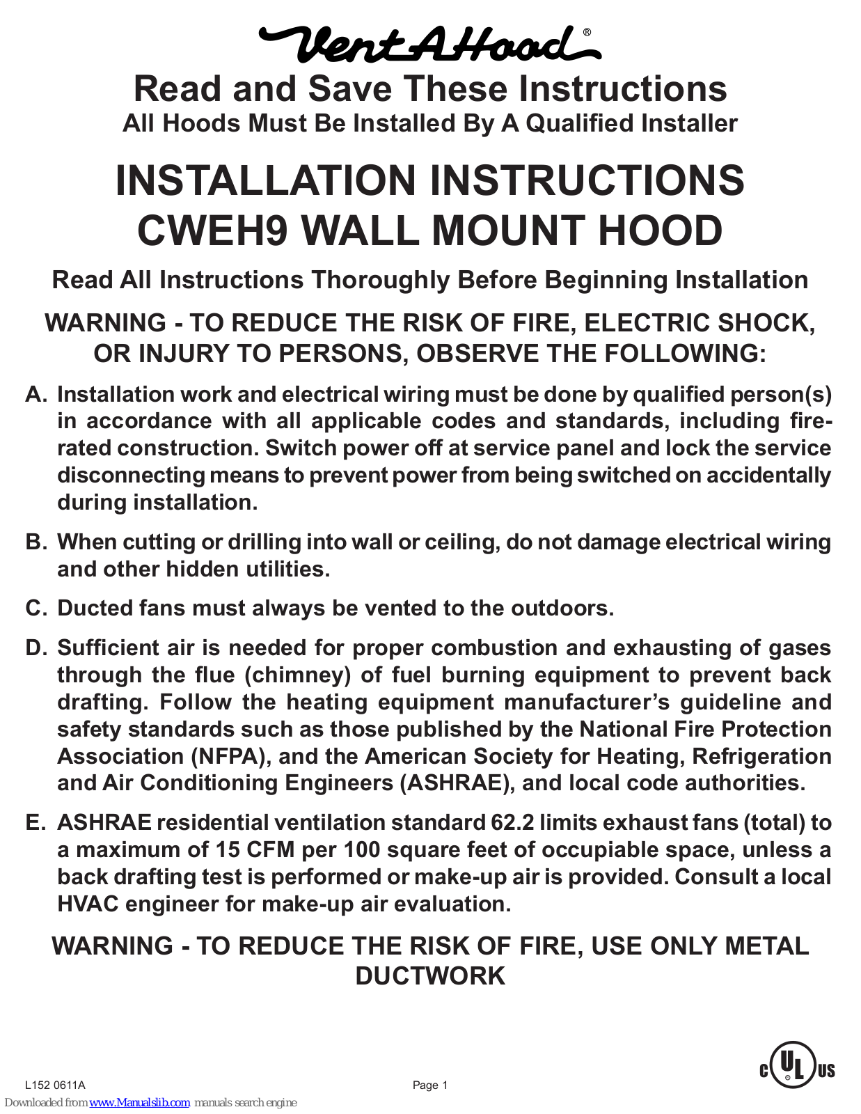 Vent-a-Hood CWEH9 Installation Instructions Manual