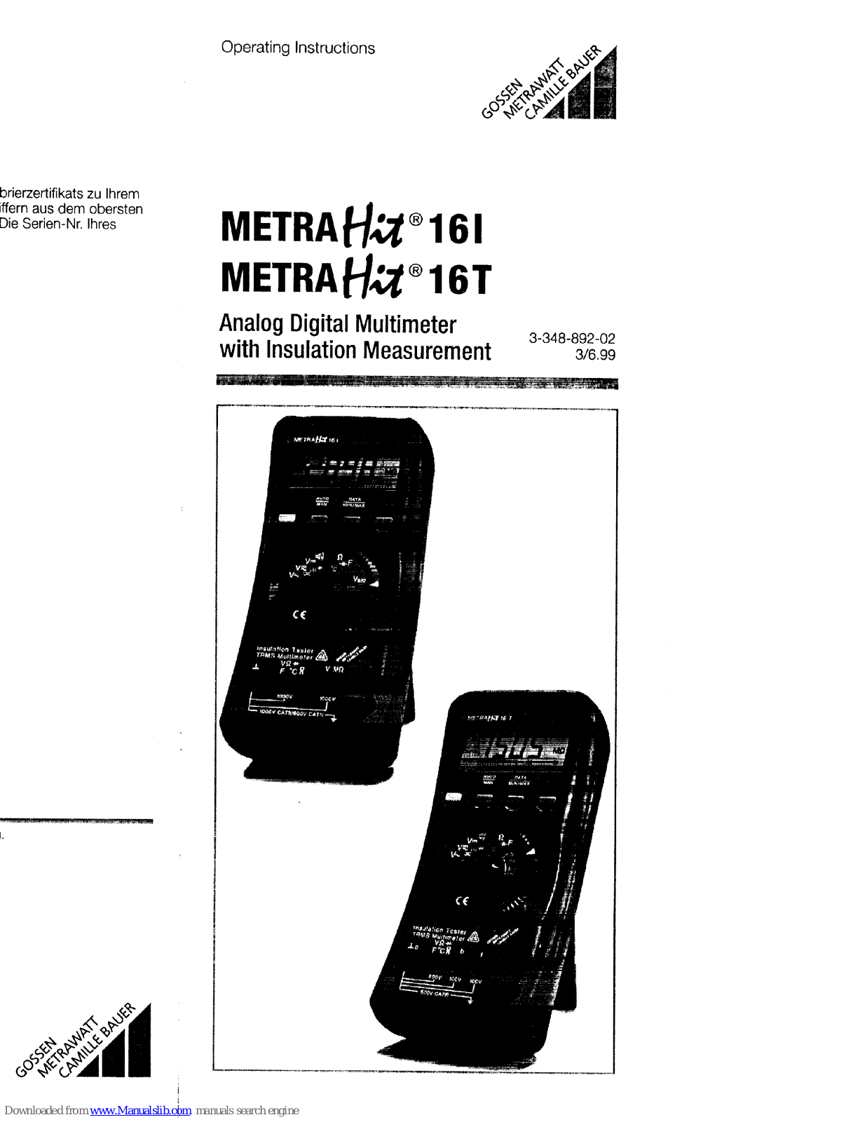 Gossen MetraWatt MetraHit 16I, MetraHit 16T Operating Instructions Manual