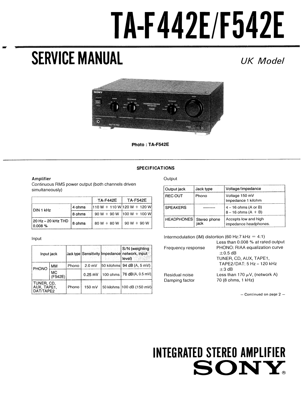 Sony TAF-442-E, TAF-542-E Service manual