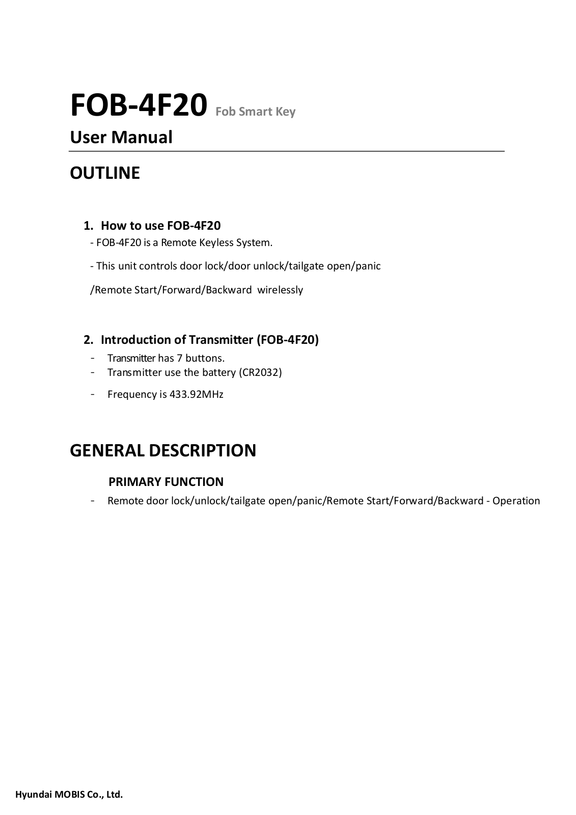 HYUNDAI MOBIS FOB 4F20 User Manual