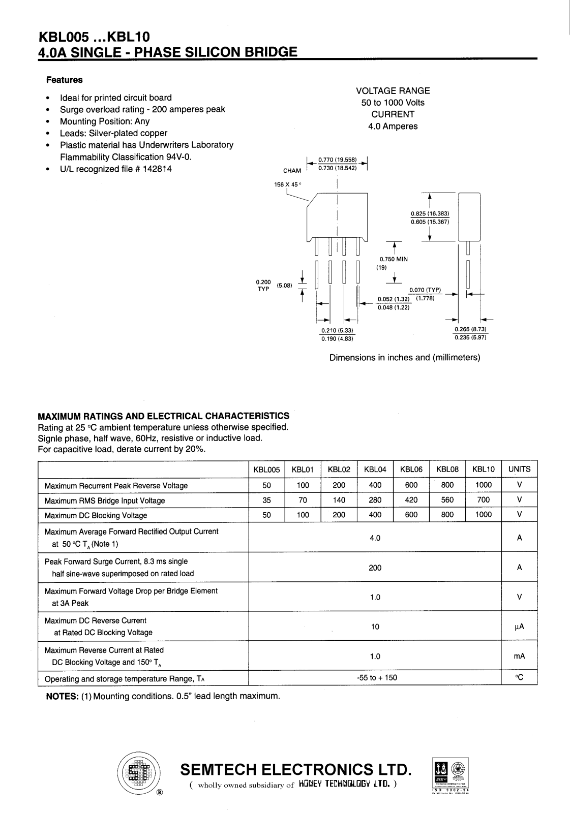 SEMTECH ELECTRONICS KBL10, KBL08, KBL02, KBL01, KBL005 Datasheet