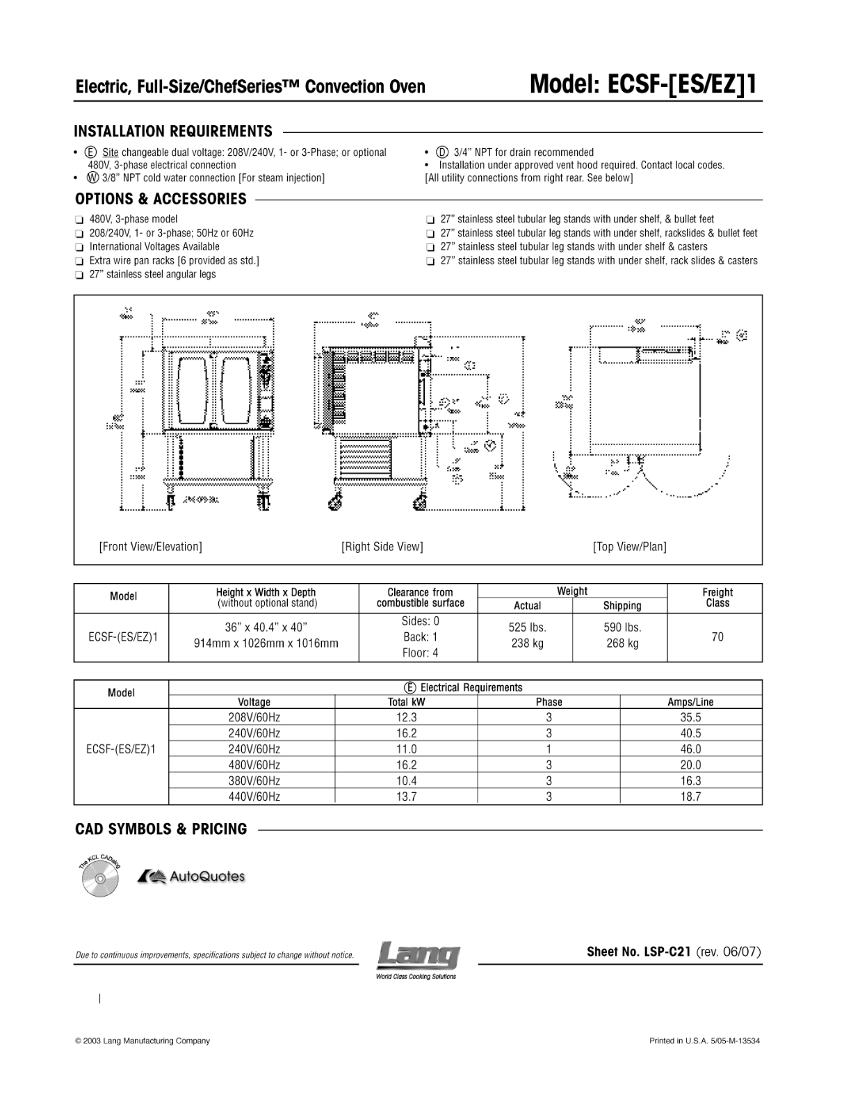 Lang Manufacturing ECSF-ES1 User Manual