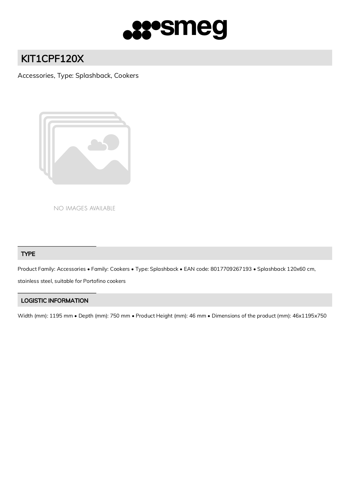 Smeg KIT1CPF120X Technical sheet