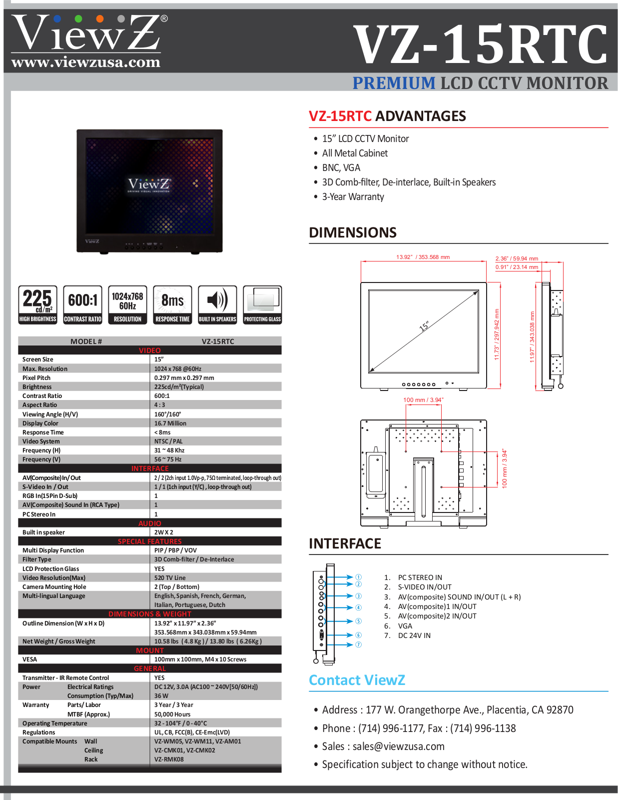 ViewZ VZ-15RTC Specsheet