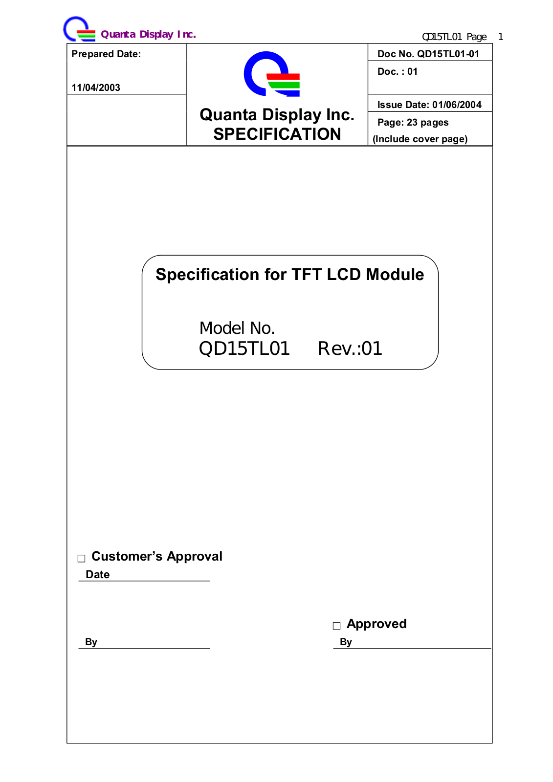 QDI QD15TL01 Specification