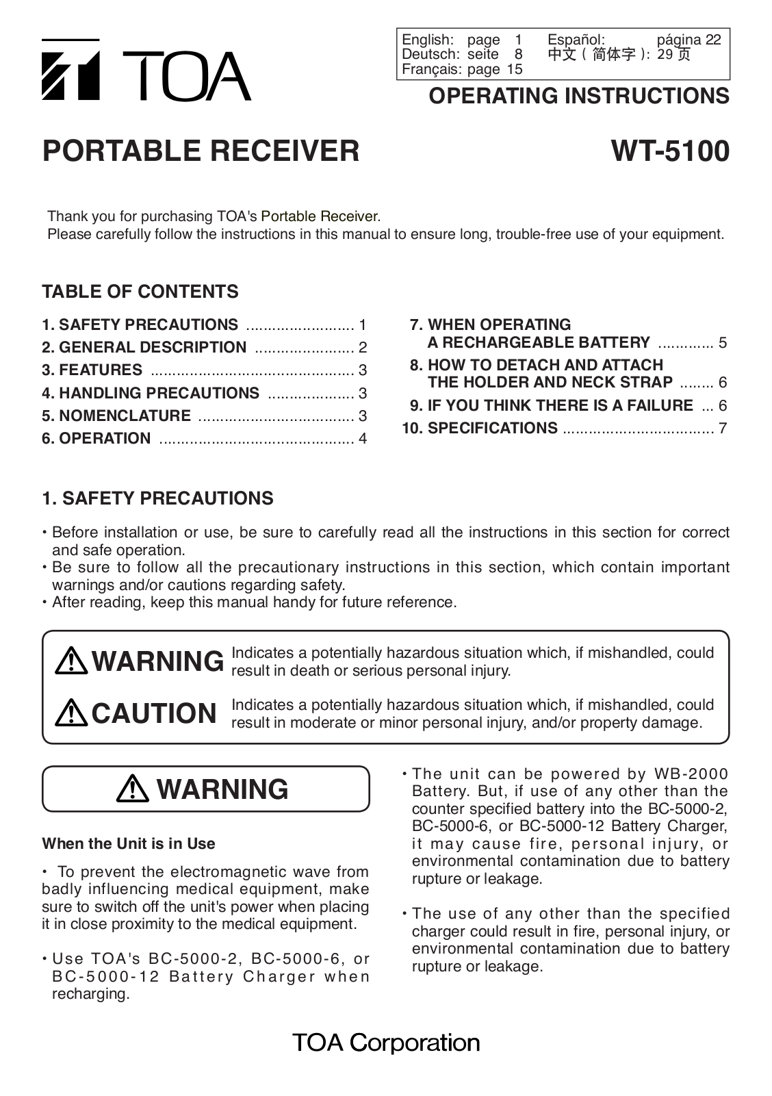 Toa WT-5100 User Manual