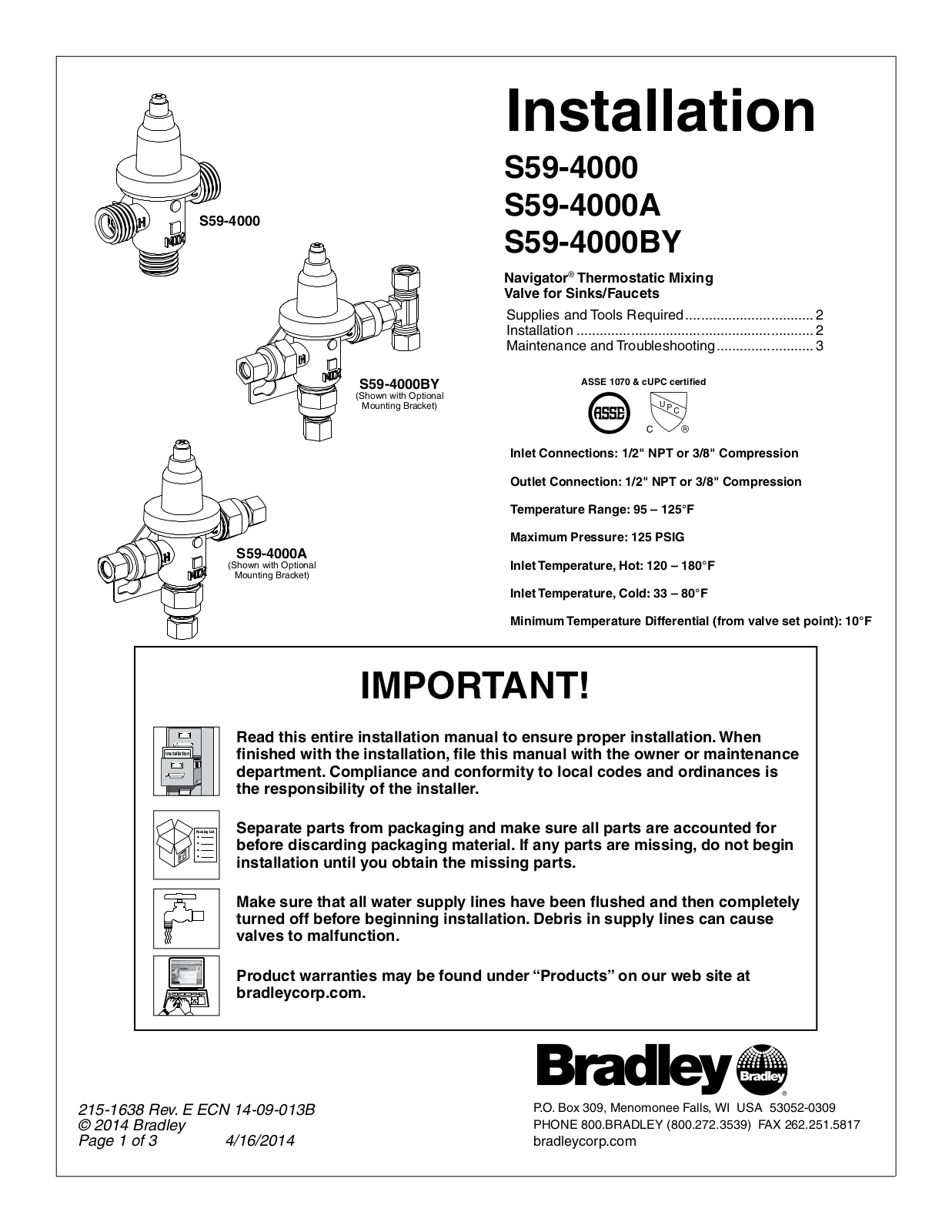 Bradley Corporation S59-4000, S59-4000A, S59-4000BY Installation Manual