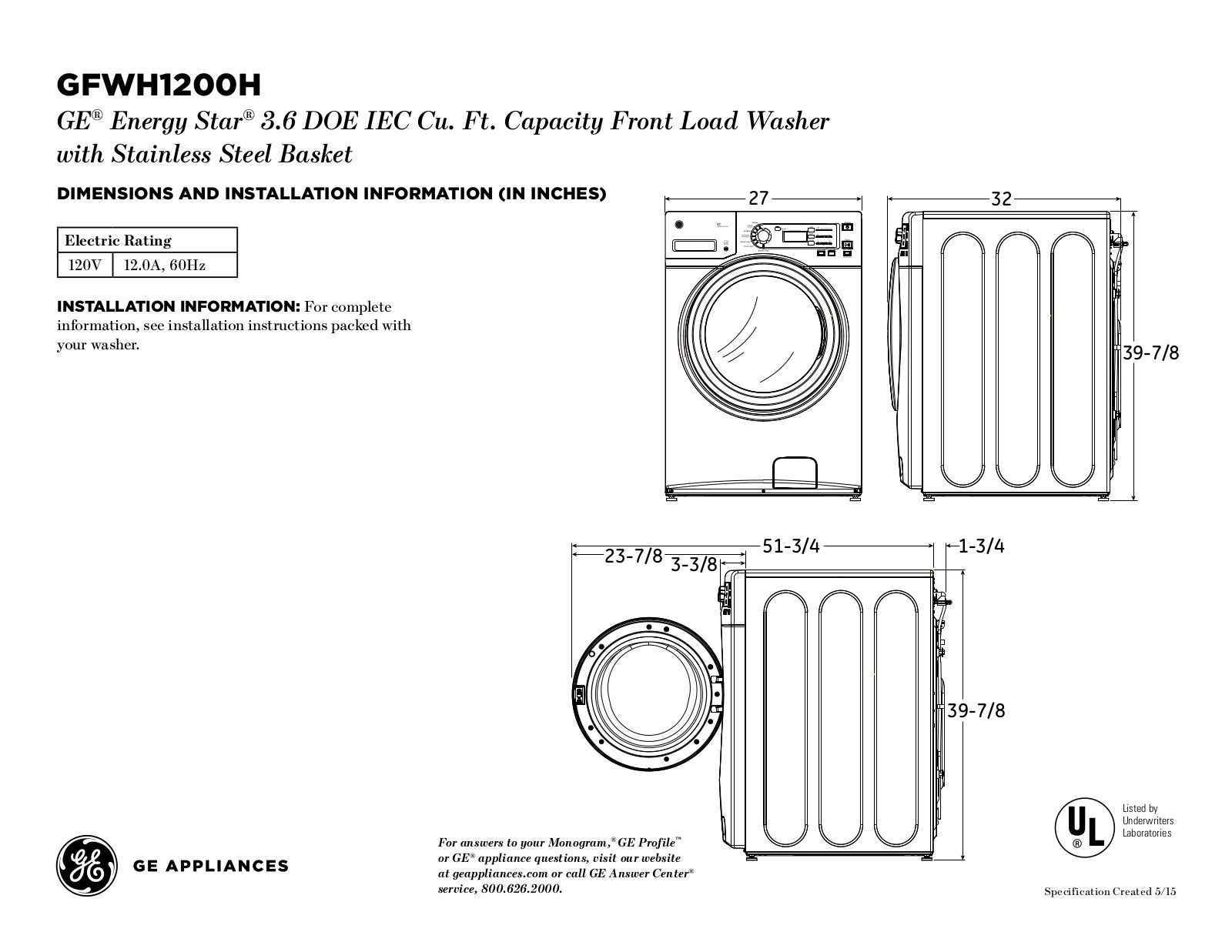 GE GFWH1200HWW Specification Sheet