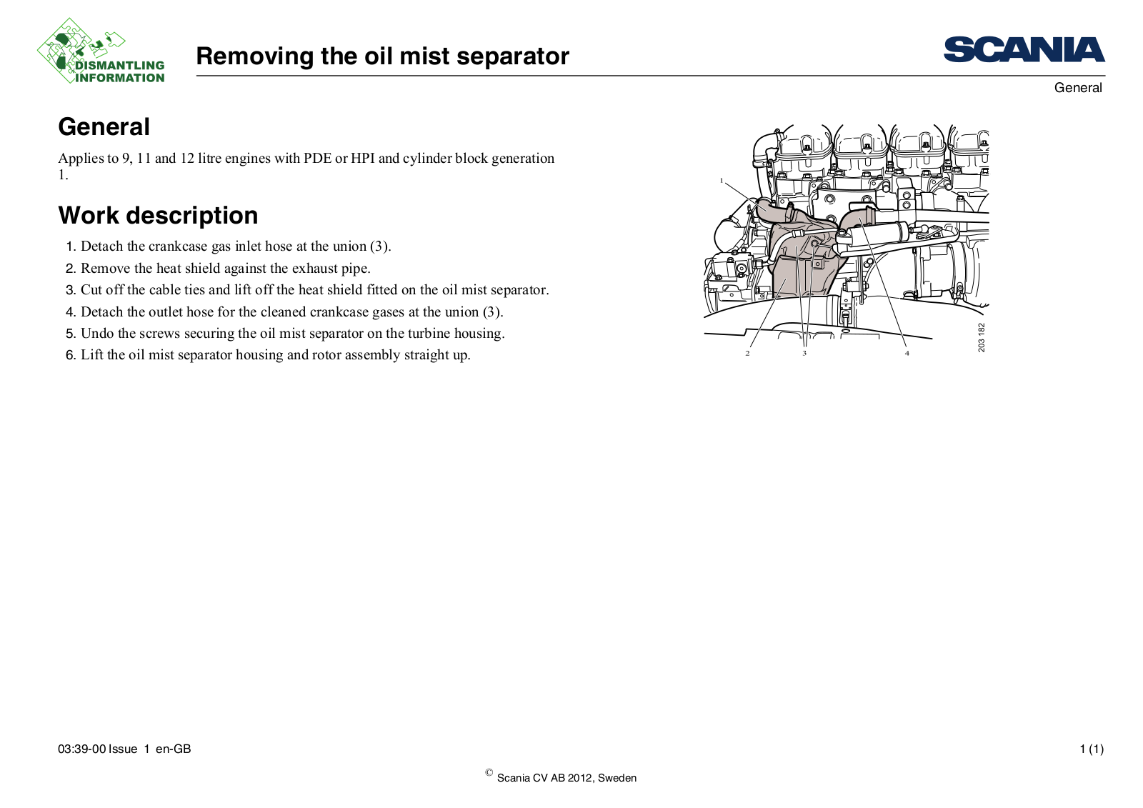 Scania Removing the oil mist separator 1 Service Manual