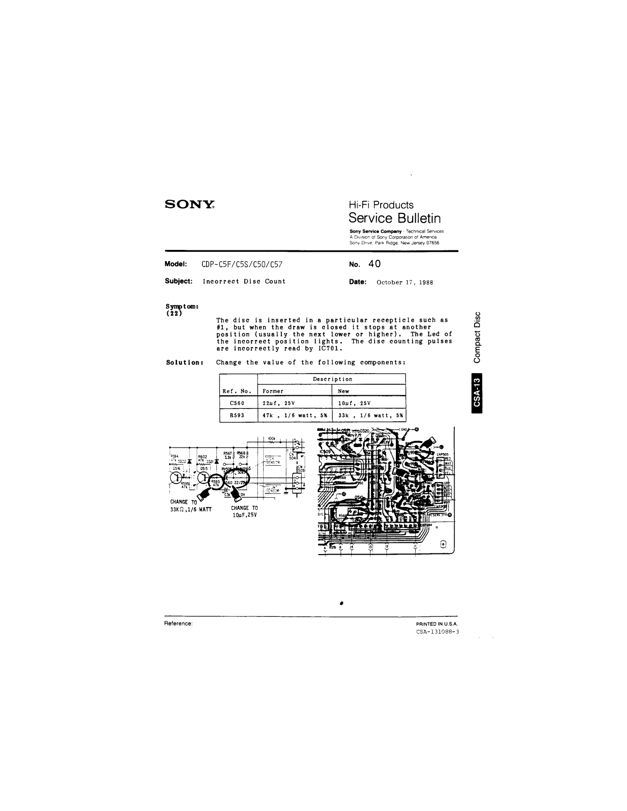 SONY CDP CX200 Service Bulletin