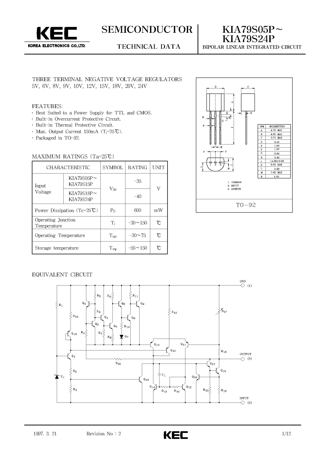 KEC KIA79S24P, KIA79S20P, KIA79S18P, KIA79S15P, KIA79S12P Datasheet