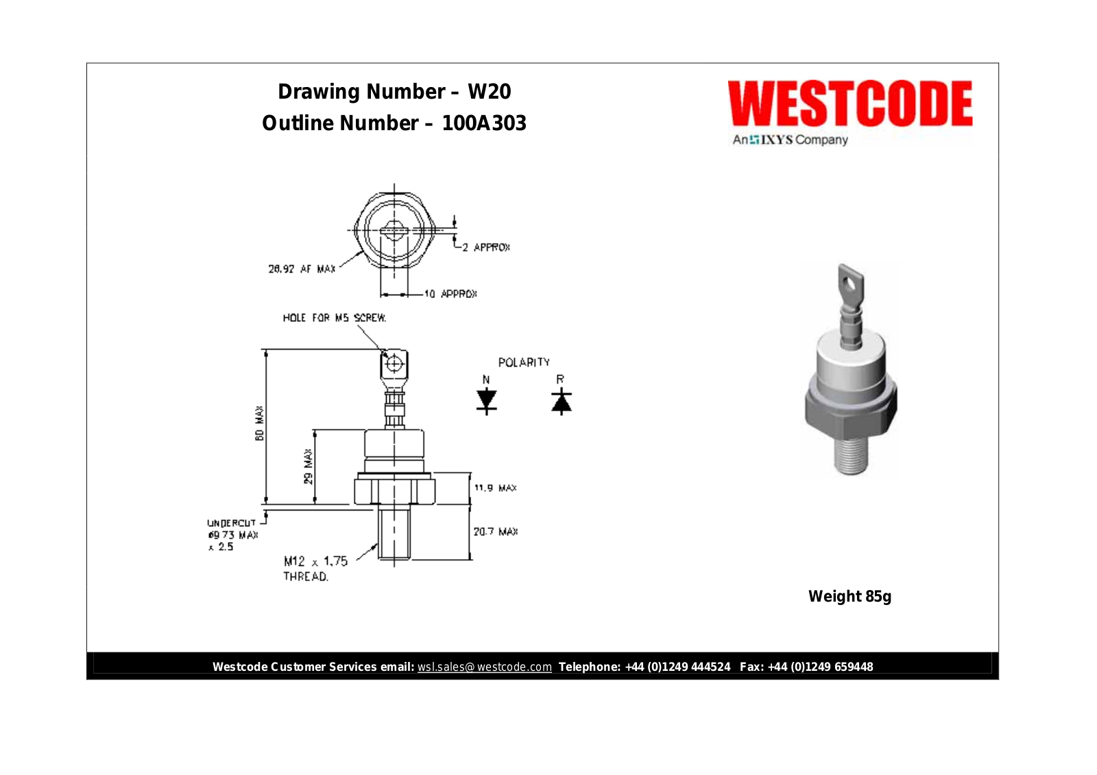 Westcode Semiconductors W20 100A303 Dimensional Sheet