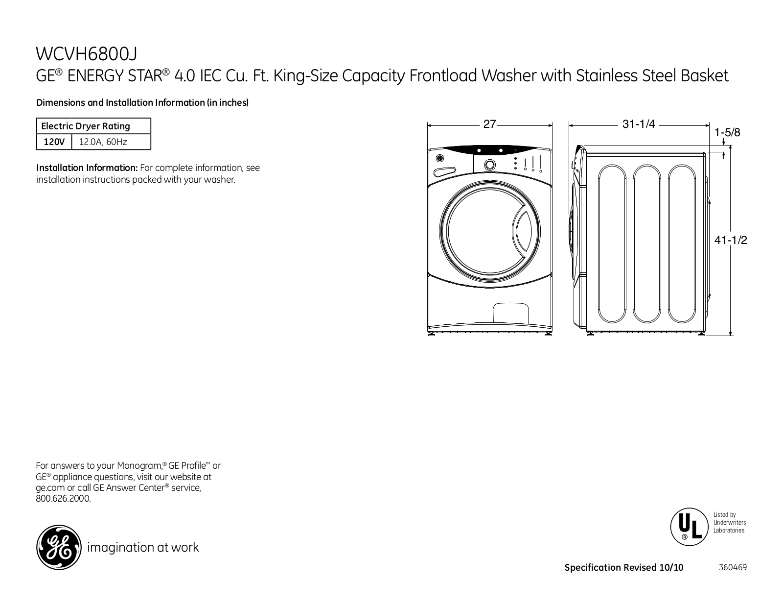 General Electric WCVH6800JMS User Manual