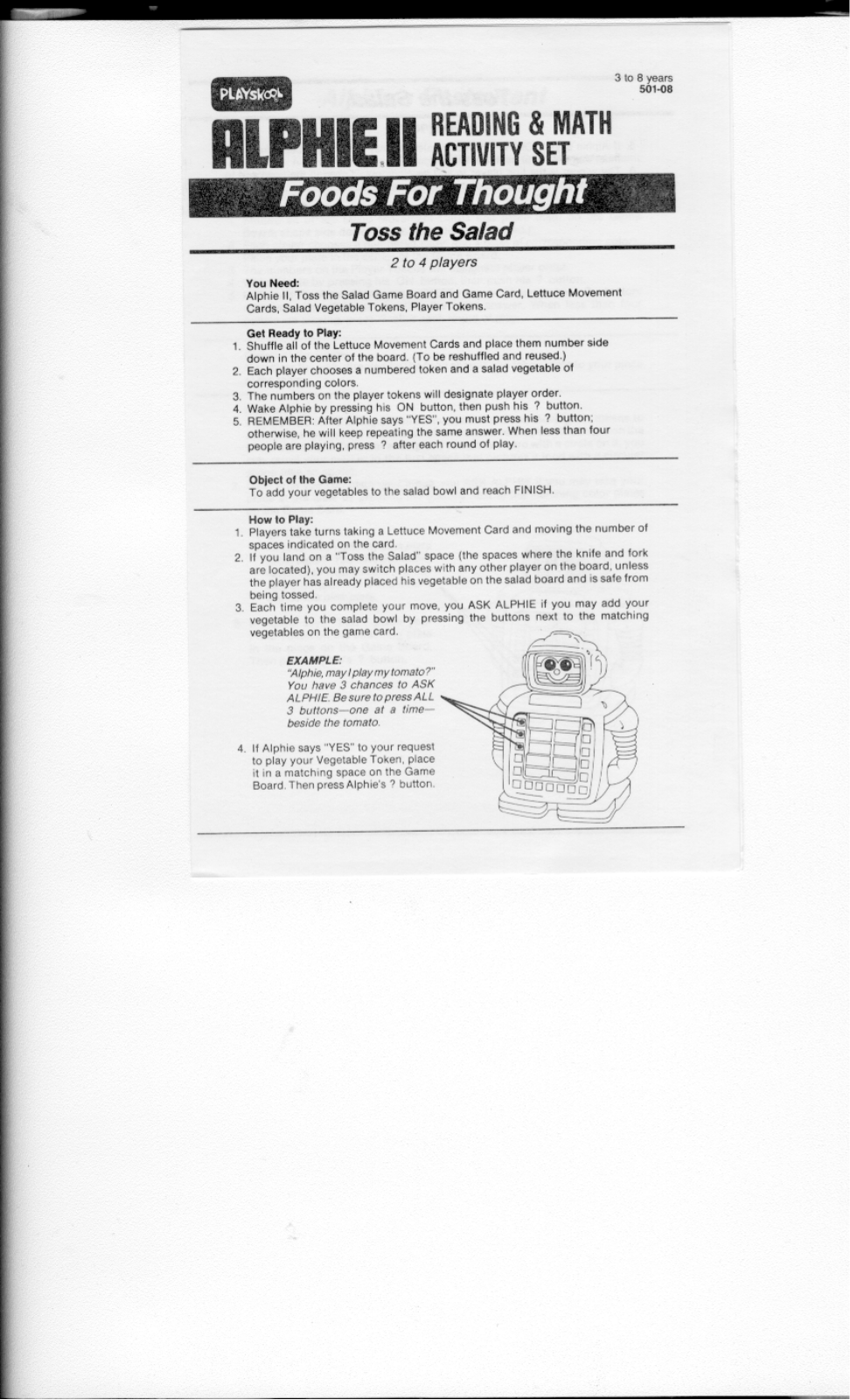 HASBRO Alphie II Foods For Thought-Toss The Salad User Manual