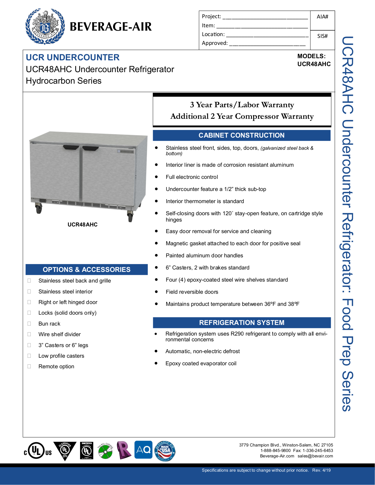 Beverage-Air UCR48AHC Specifications