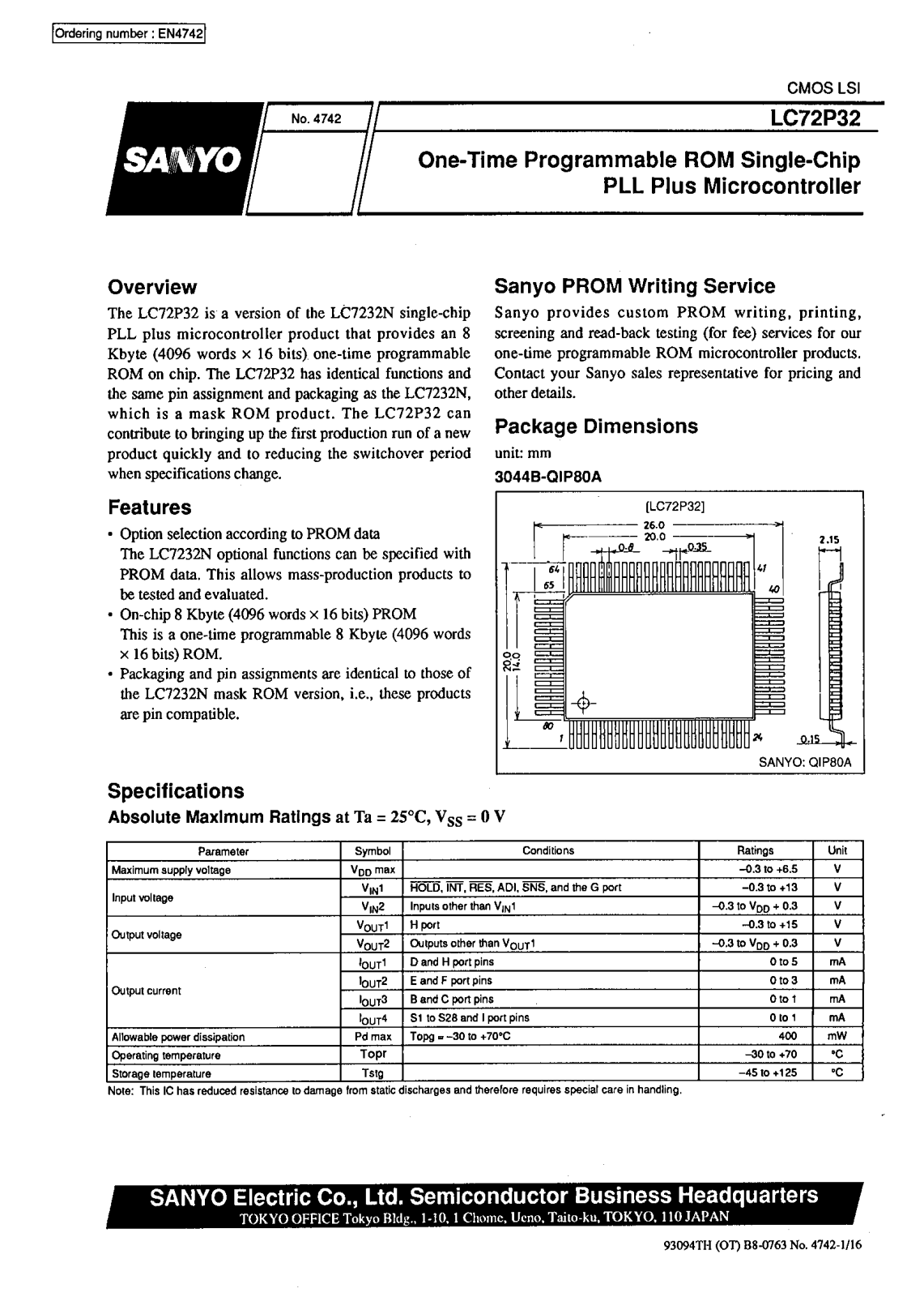 SANYO LC72P32 Datasheet