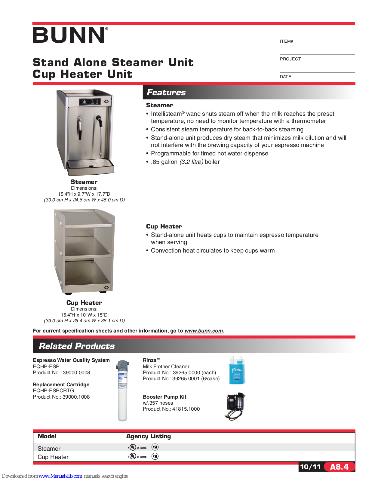 Bunn Stand Alone Steamer Unit none, Cup Heater Replacement Unit EQHP-ESPCRTG, Cup Heater Unit EQHP-ESP Specification Sheet