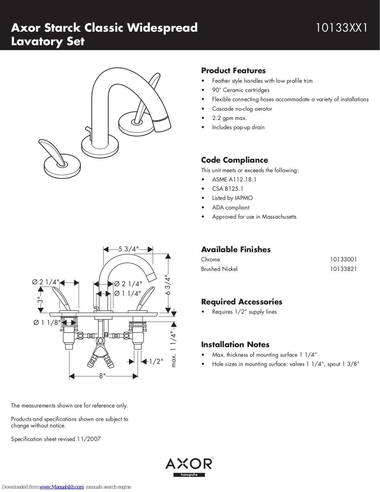 Axor 10133821, 10133001 Specification Sheet - ManualMachine.com