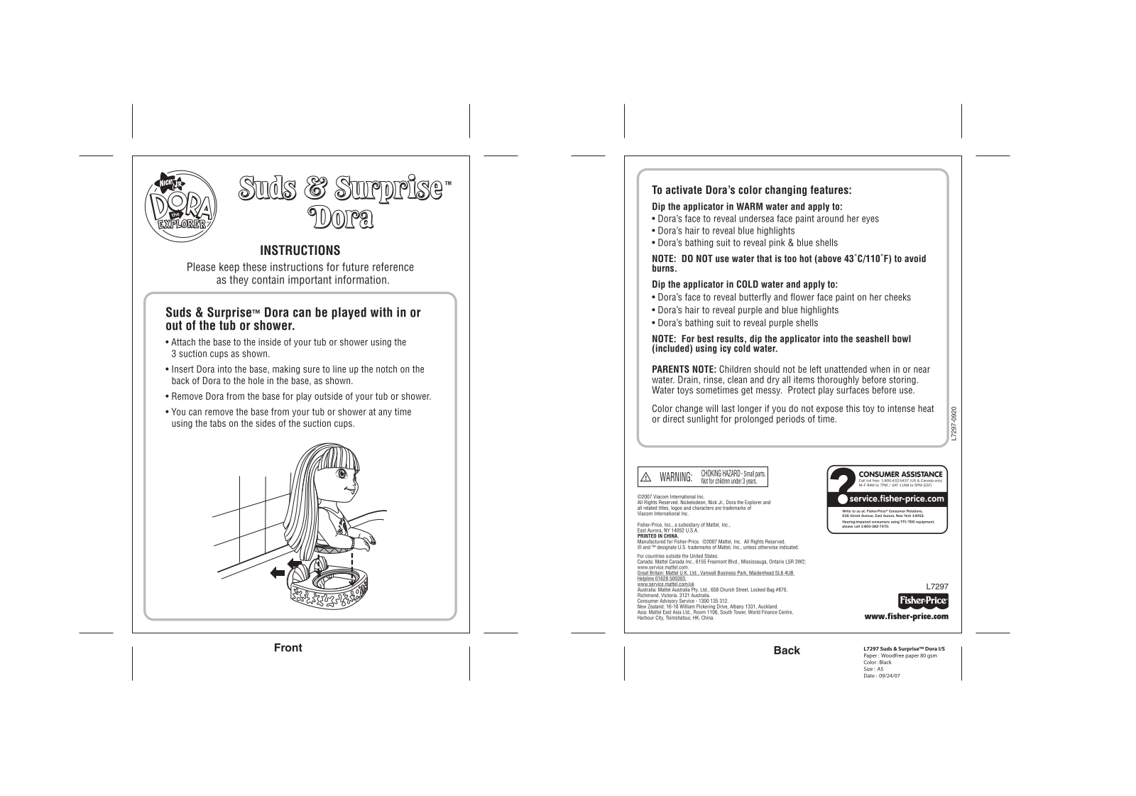 Fisher-Price L7297 Instruction Sheet