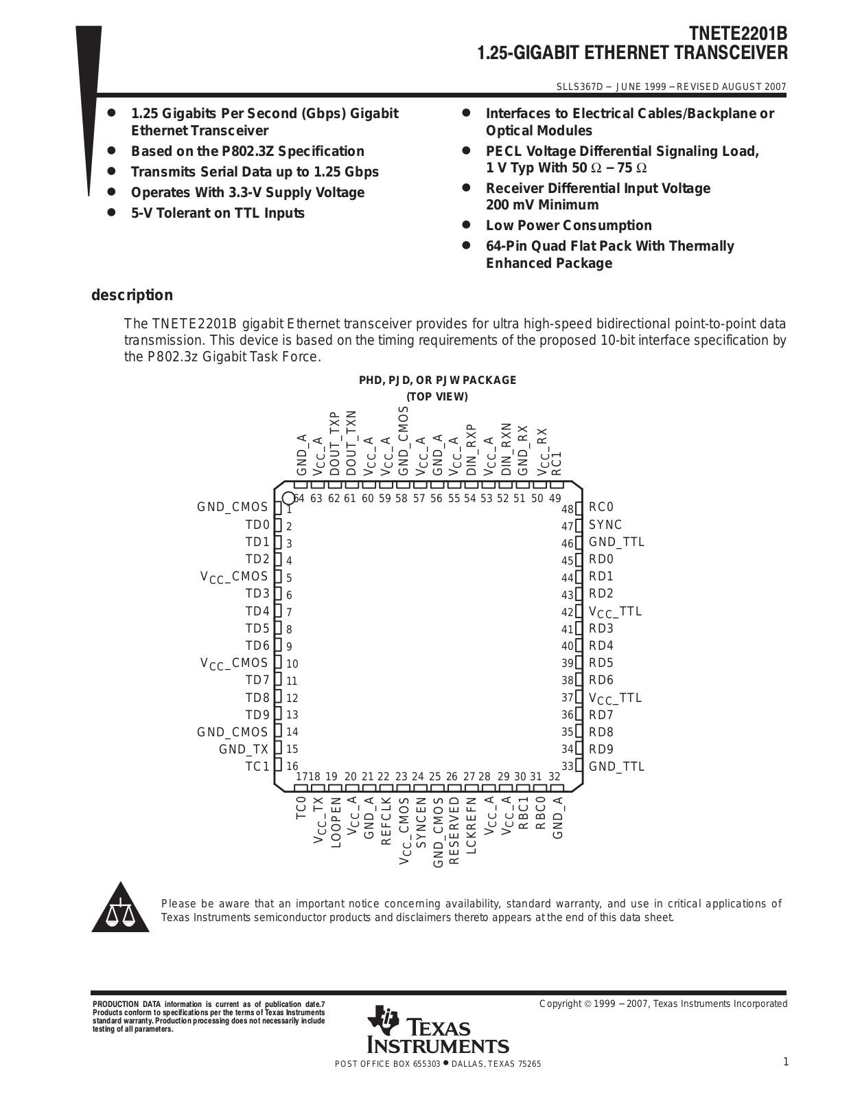 TEXAS INSTRUMENTS TNETE2201B Technical data