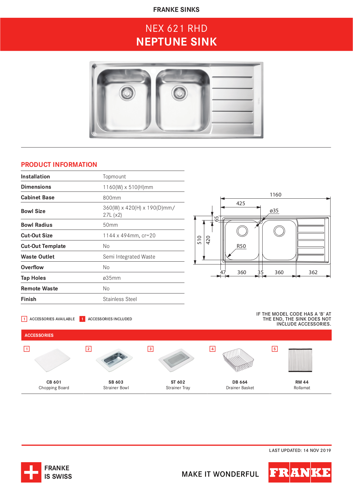 Franke NEX621RHD Specifications Sheet