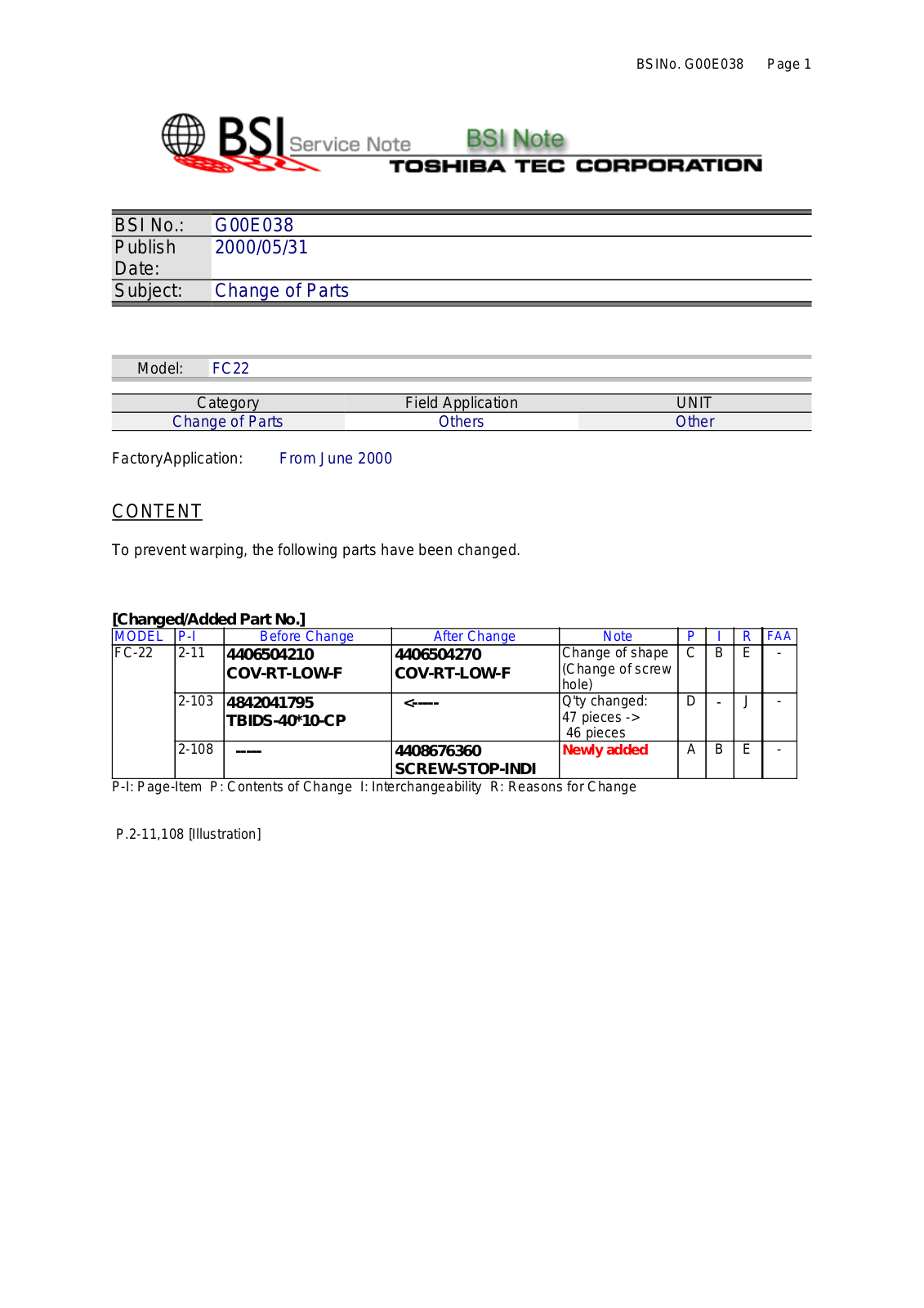 Toshiba G00E038 Service Note