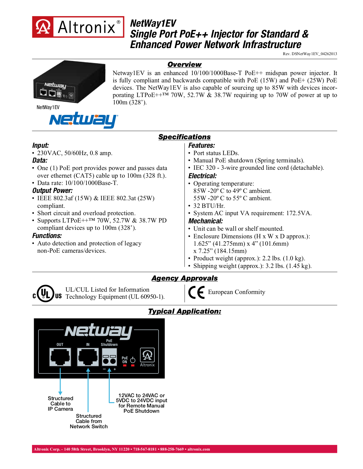 Altronix NetWay1EV Data Sheet